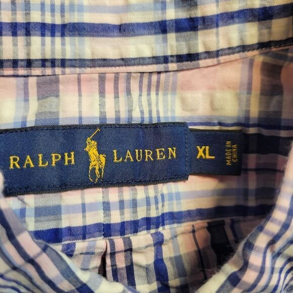 Ralph Lauren Y2K Blue Pink Plaid Cotton Seersucker Fabric Button Down Shirt - Picture 8 of 11